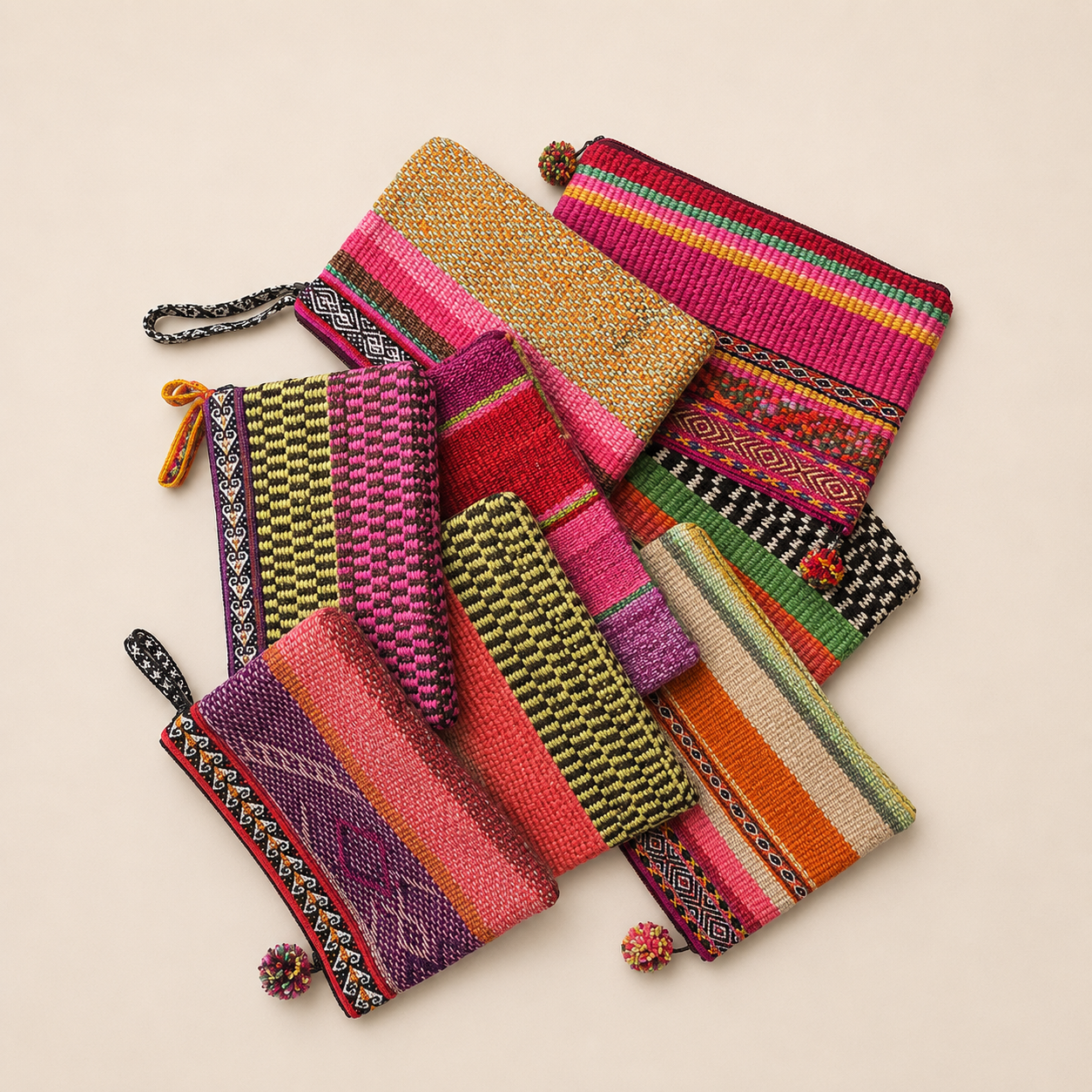 Collection of handmade Peruvian woven pouches by Happy Llama.