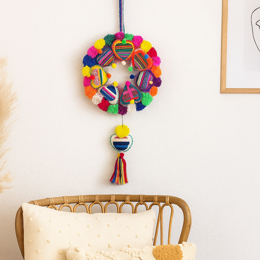 Handmade Peruvian Pompom Heart Wreath
