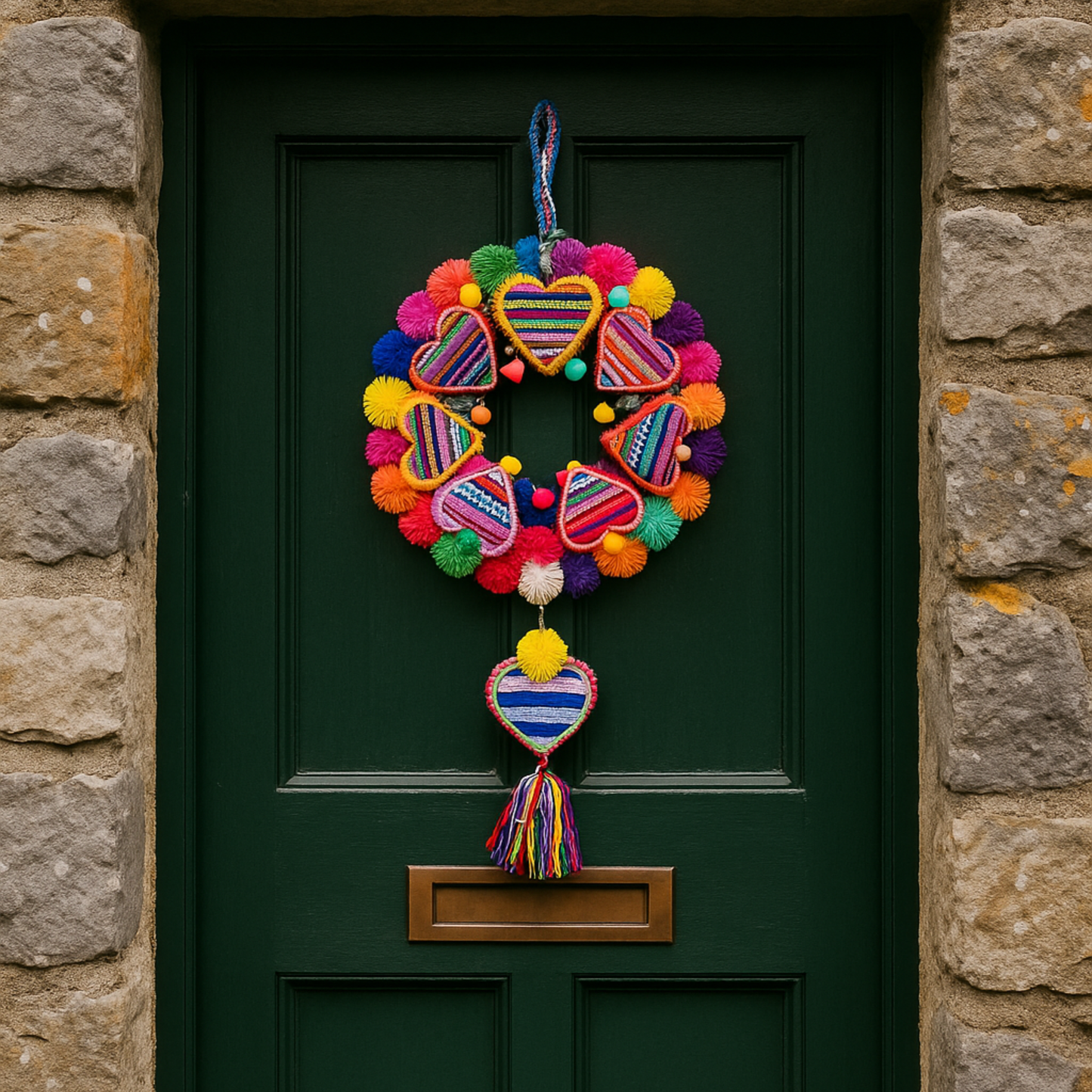 Handmade Peruvian Pompom Heart Wreath