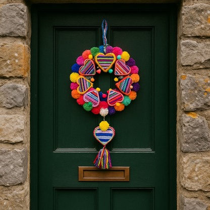 Handmade Peruvian Pompom Heart Wreath