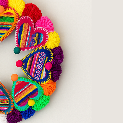 Handmade Peruvian Pompom Heart Wreath