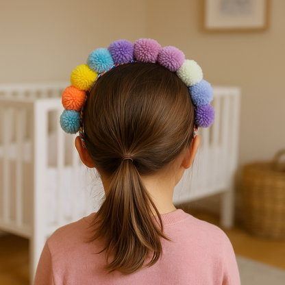 Colourful Andean pom-pom headband worn in the hair