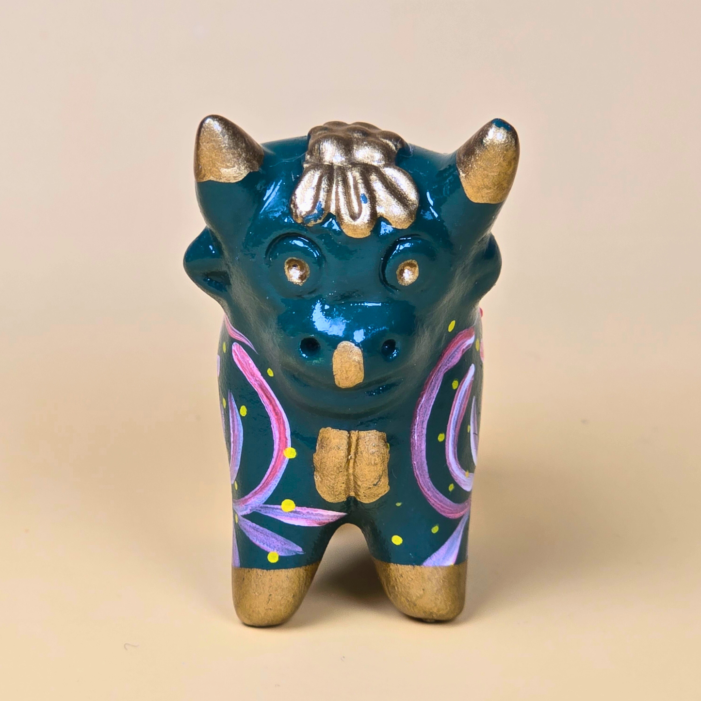 Dark blue Torito de Pucará traditional hand-painted Peruvian ceramic bull
