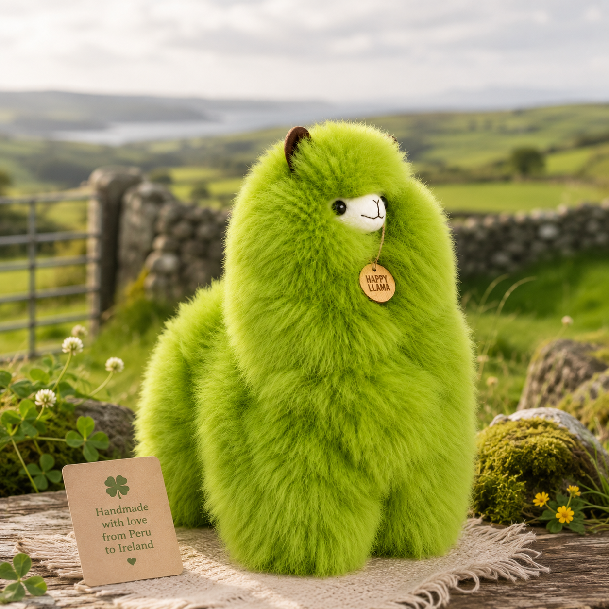 Emerald baby alpaca llama inspired by Ireland's green landscapes