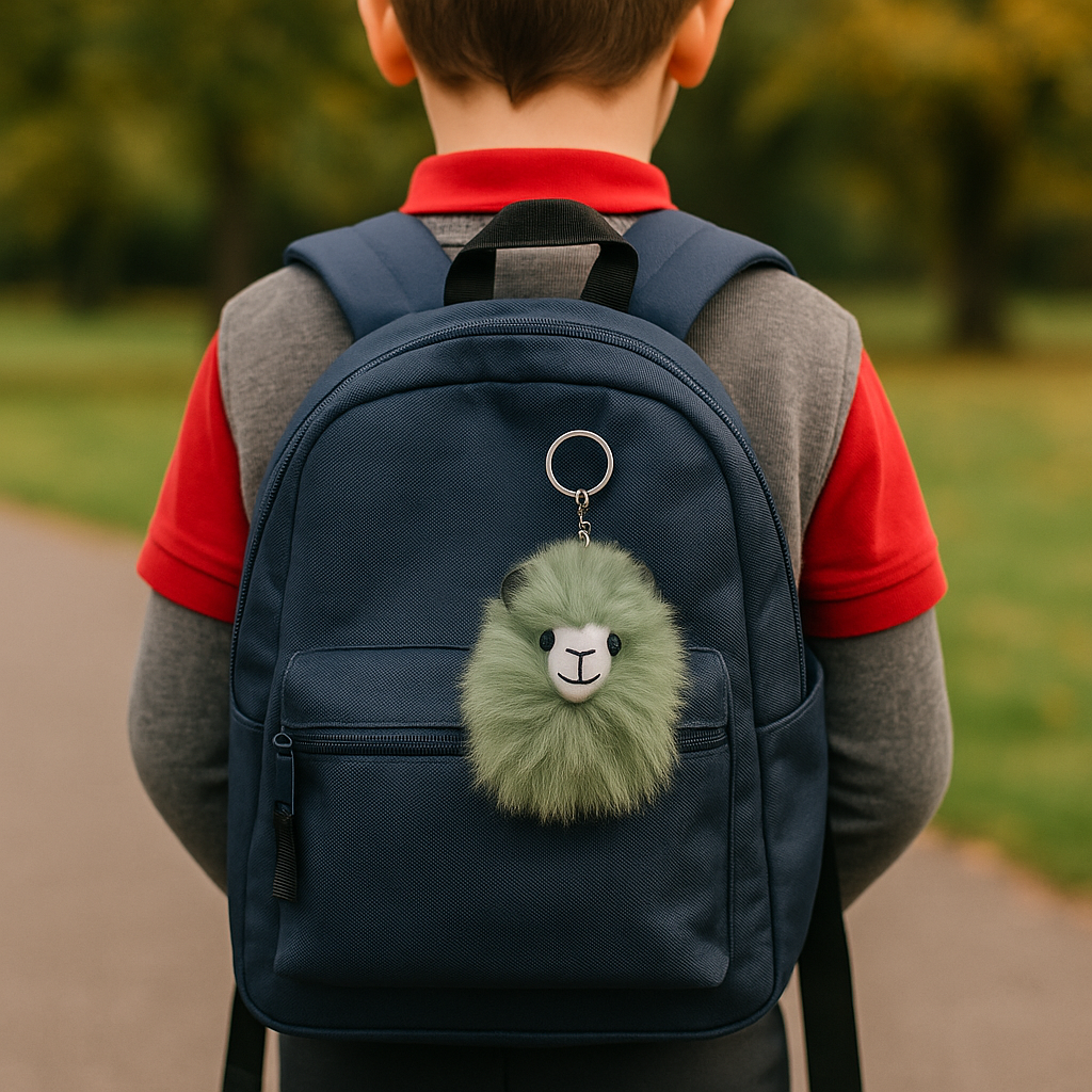 Green baby alpaca llama keychain attached to a backpack