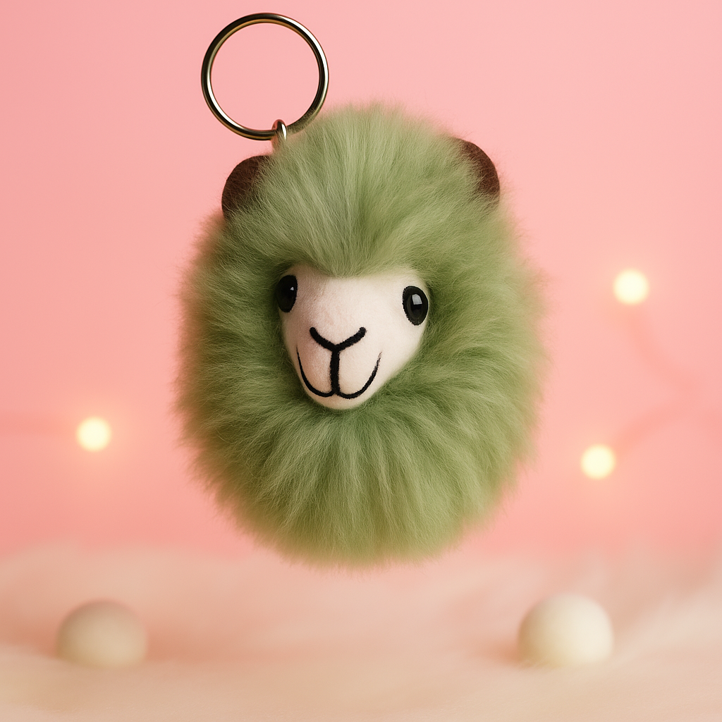 Green handmade baby alpaca llama keychain