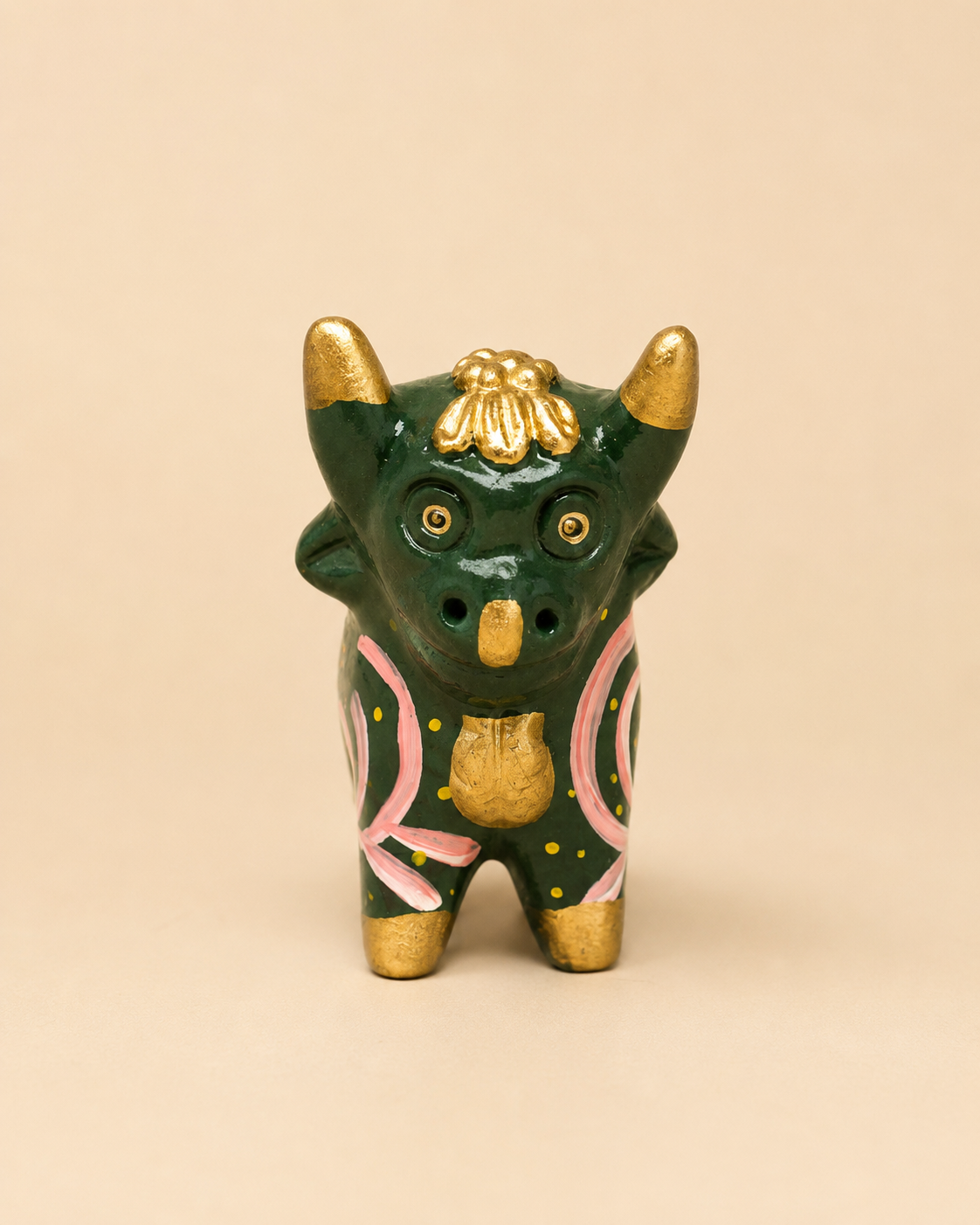 Green Torito de Pucará hand-painted Peruvian ceramic lucky bull