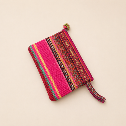 Handmade Peruvian woven pouch in orchid pink with traditional Andean textile.