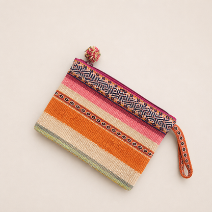 Handmade orange woven pouch with traditional Peruvian design.