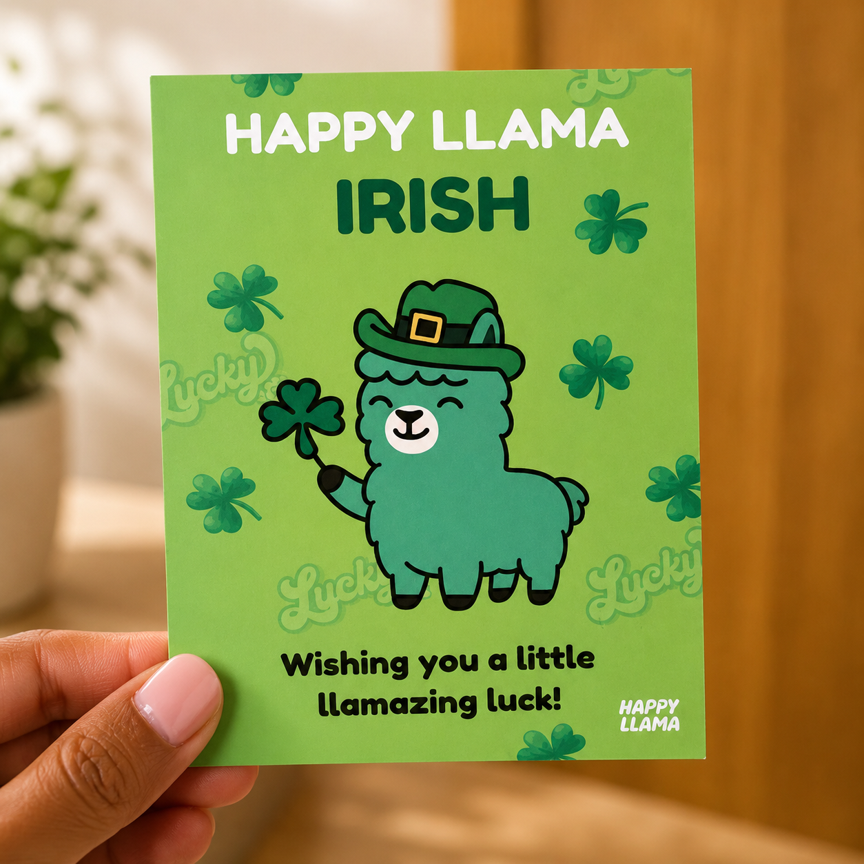 Happy Llama Irish gift card with shamrock design and llamazing luck message