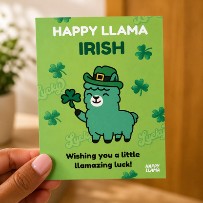 Happy Llama Irish gift card with shamrock design and llamazing luck message
