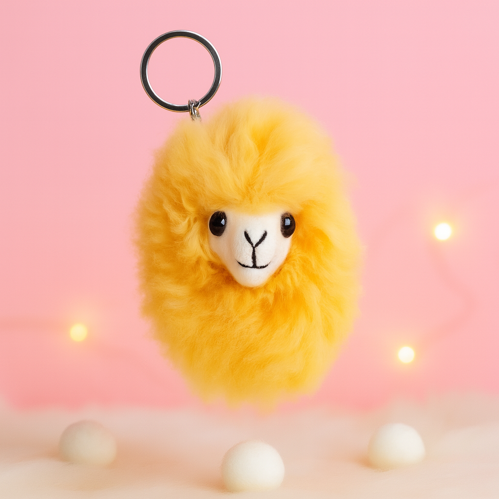 Light yellow handmade baby alpaca llama keychain