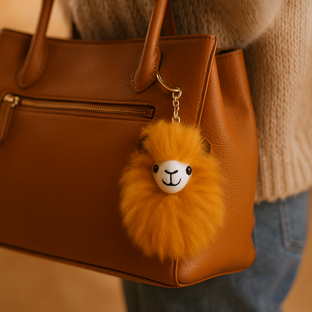 Orange baby alpaca llama keychain attached to a handbag