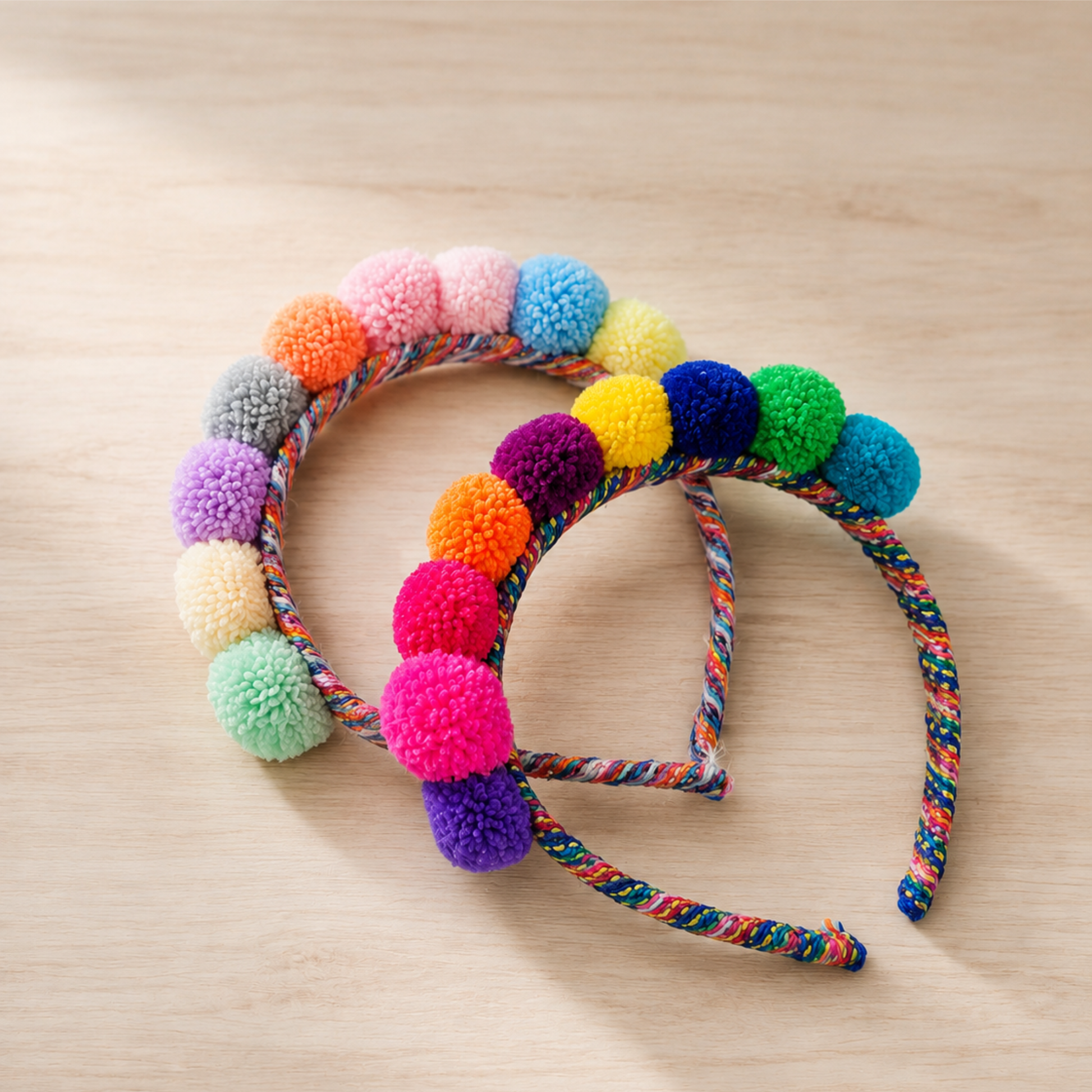 Close-up of colourful handmade Andean pom-pom headband