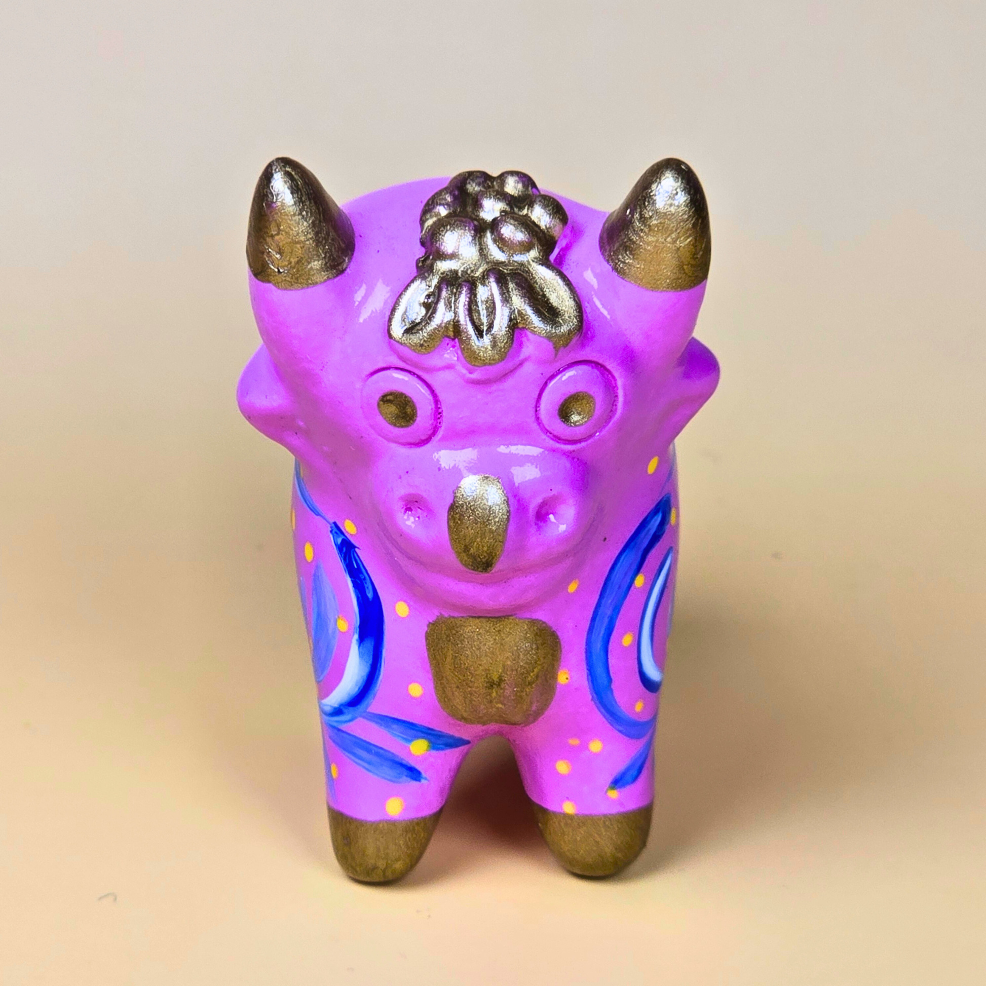 Purple Torito de Pucará hand-painted Peruvian ceramic figurine