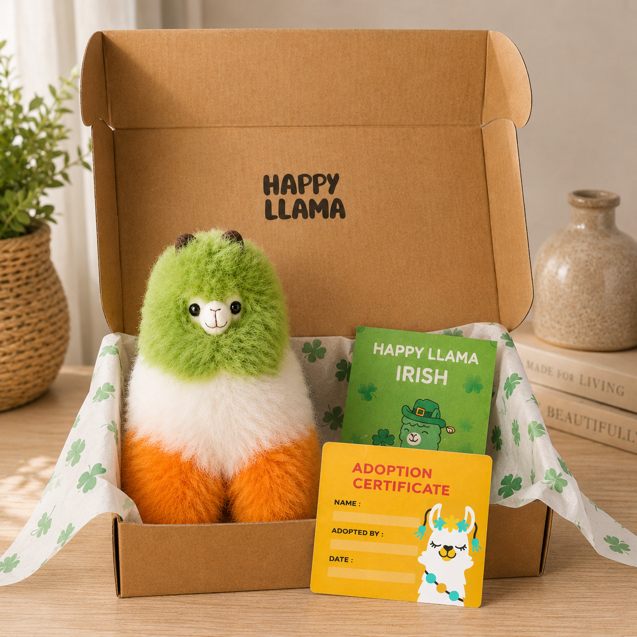 Small Irish Colours alpaca llama in Happy Llama gift box with adoption certificate and Irish card