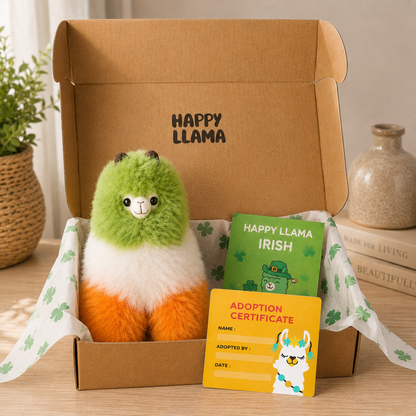 Small Irish Colours alpaca llama in Happy Llama gift box with adoption certificate and Irish card