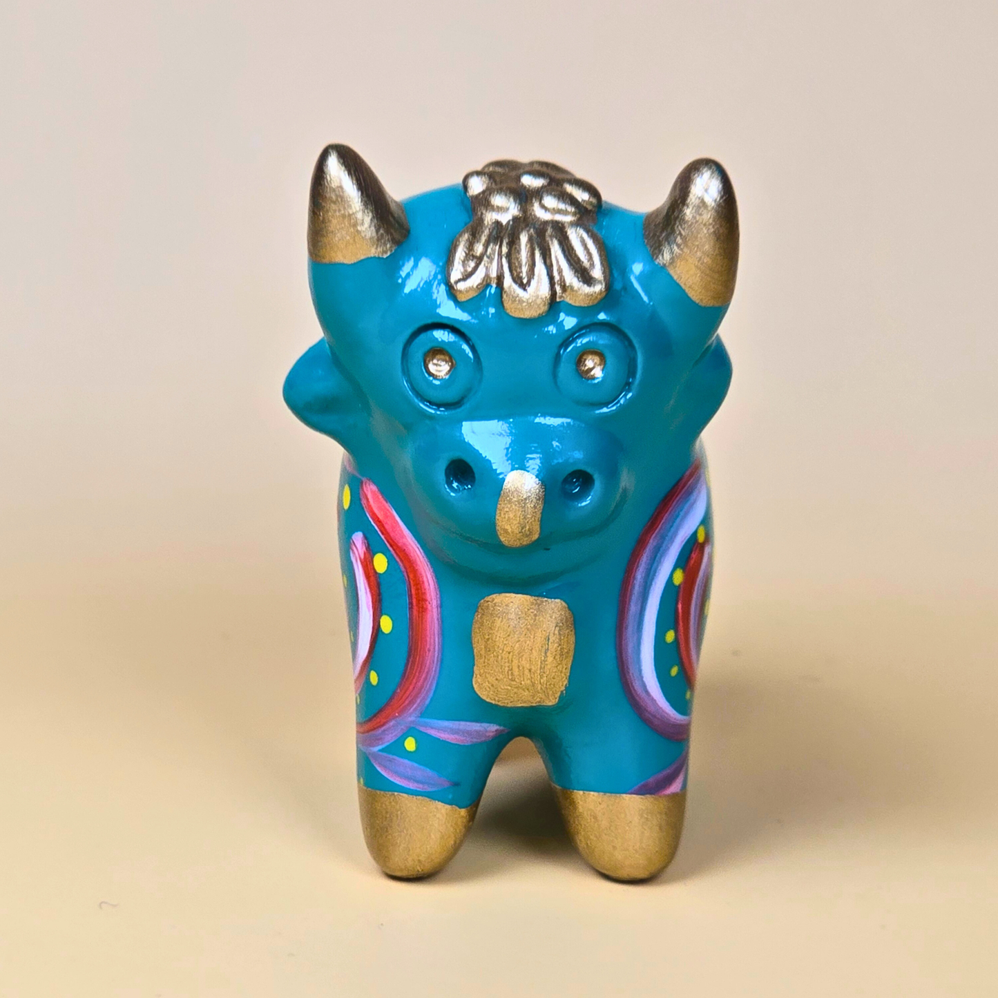 Turquoise Torito de Pucará hand-painted Peruvian ceramic lucky bull