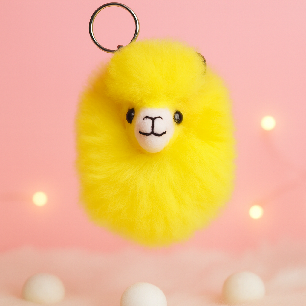 Yellow baby alpaca llama keychain handmade in Peru